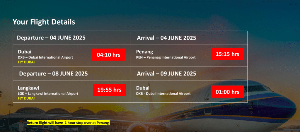 5 Days in PENANG + LANGKAWI Flight Details