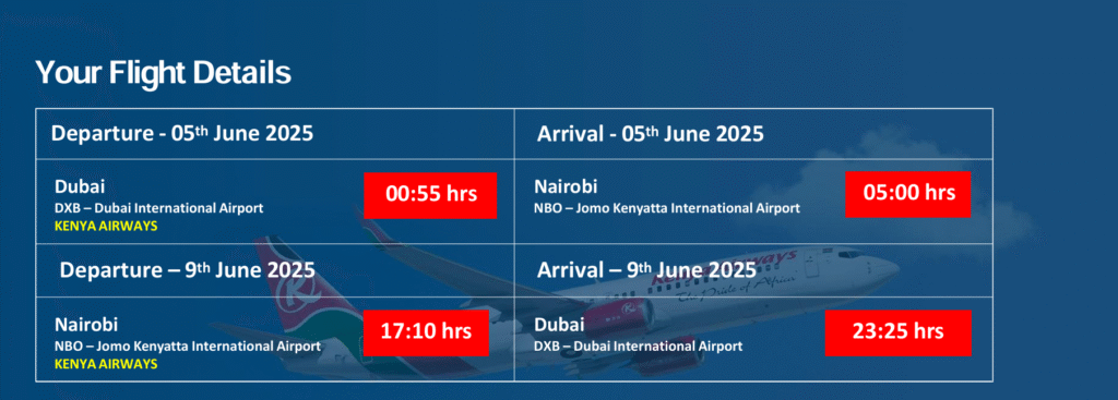 5 Days KENYAN SAFARI Flight Details